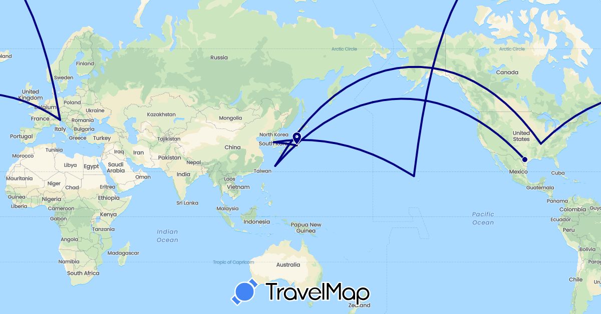 TravelMap itinerary: driving in Italy, Japan, South Korea, United States (Asia, Europe, North America)